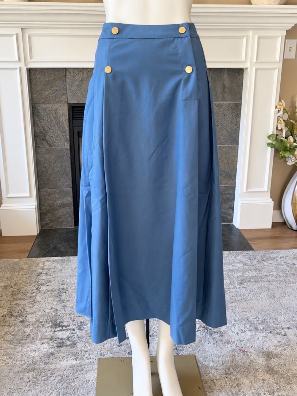 Aleeza Paris Monaco Pleat Skirt Blue Gold Button Front Midi Maxi Skirt Small